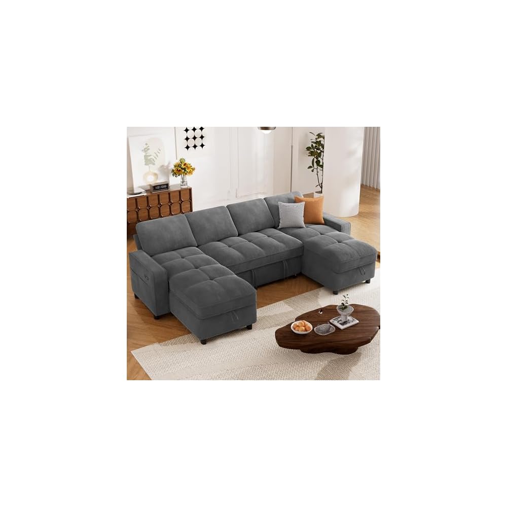 Sunny Heart Sleeper Sofa Bed, 105" U Shaped Couch Sleeper Sofa, Pull Out Couch Bed with Reclining Backrest | Double Storage Chaise | USB Ports | Side Pockets | Tool-Free Assembly | Chenille Dark Grey