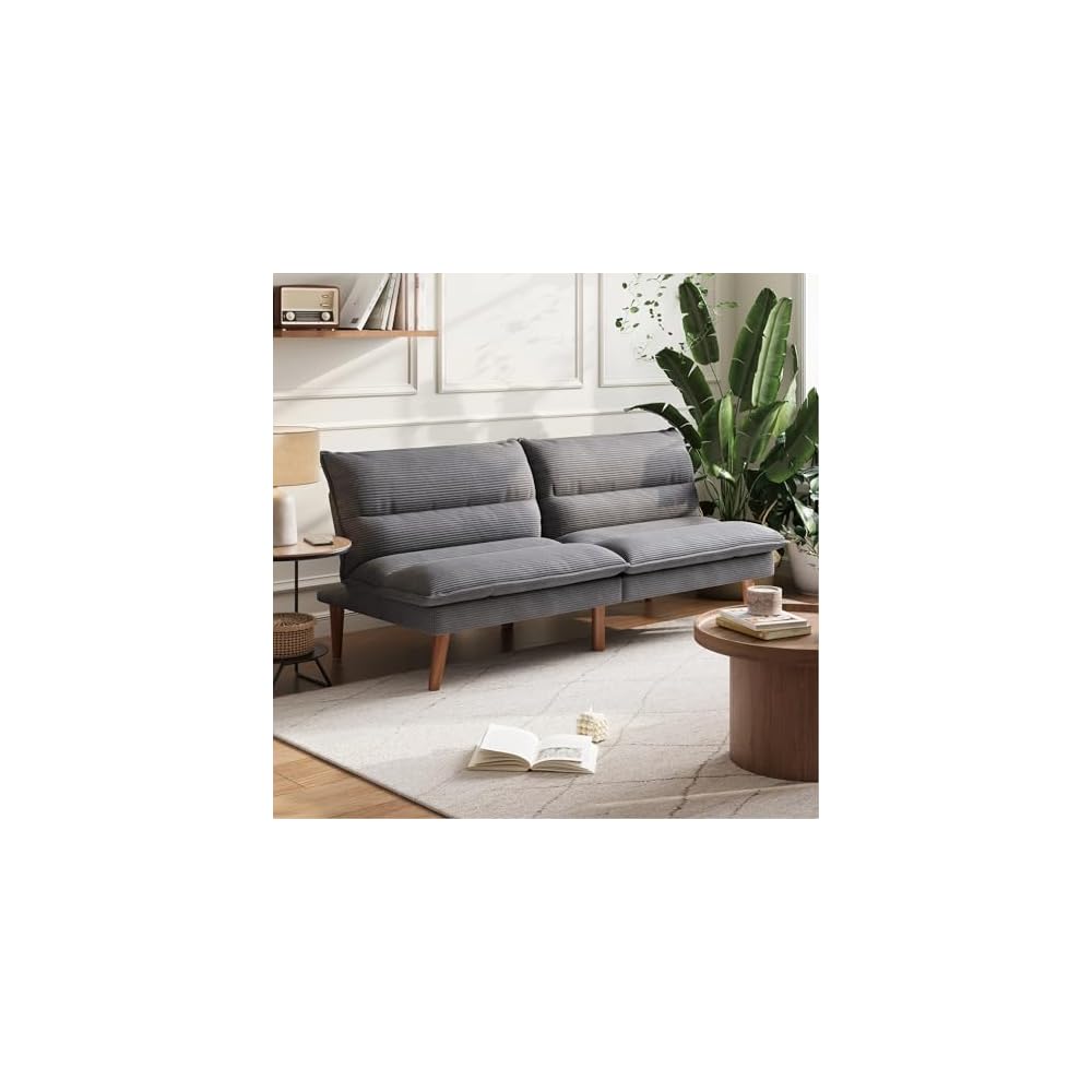 LINSY HOME 66" Futon Sofa Bed, Corduroy Futon Couch with 3-Position Adjustable Backrest, Convertible Sofa Bed Loveseat, Small Couches for Small Spaces, Living Room, Office, Guest Room (Grey)