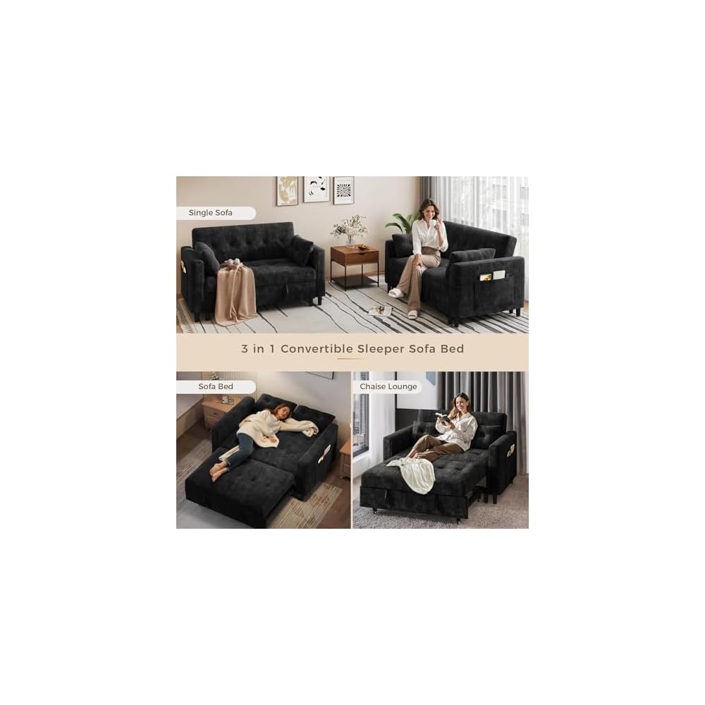 KKL 3 in 1 Convertible Sleeper Sofa Bed, Pull Out Couch Bed with Adjustable Backrest, Chenille Little Loveseat Couches with Side Pocket, Small Futon Sofa Beds Couch for Living Room, Bedroom (Black)
