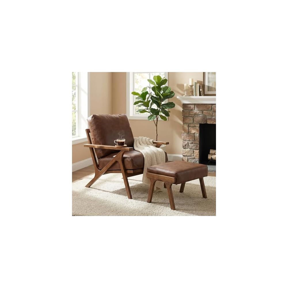 Mid Century Modern Accent Chair with ottoman, Farmhouse Linen Upholstered Living Room Armchair and Ottoman Set, 23" Seat Wide Retro Leisure Lounge Chair with Wood Frame for Home, Bedroom, Office, Grey
