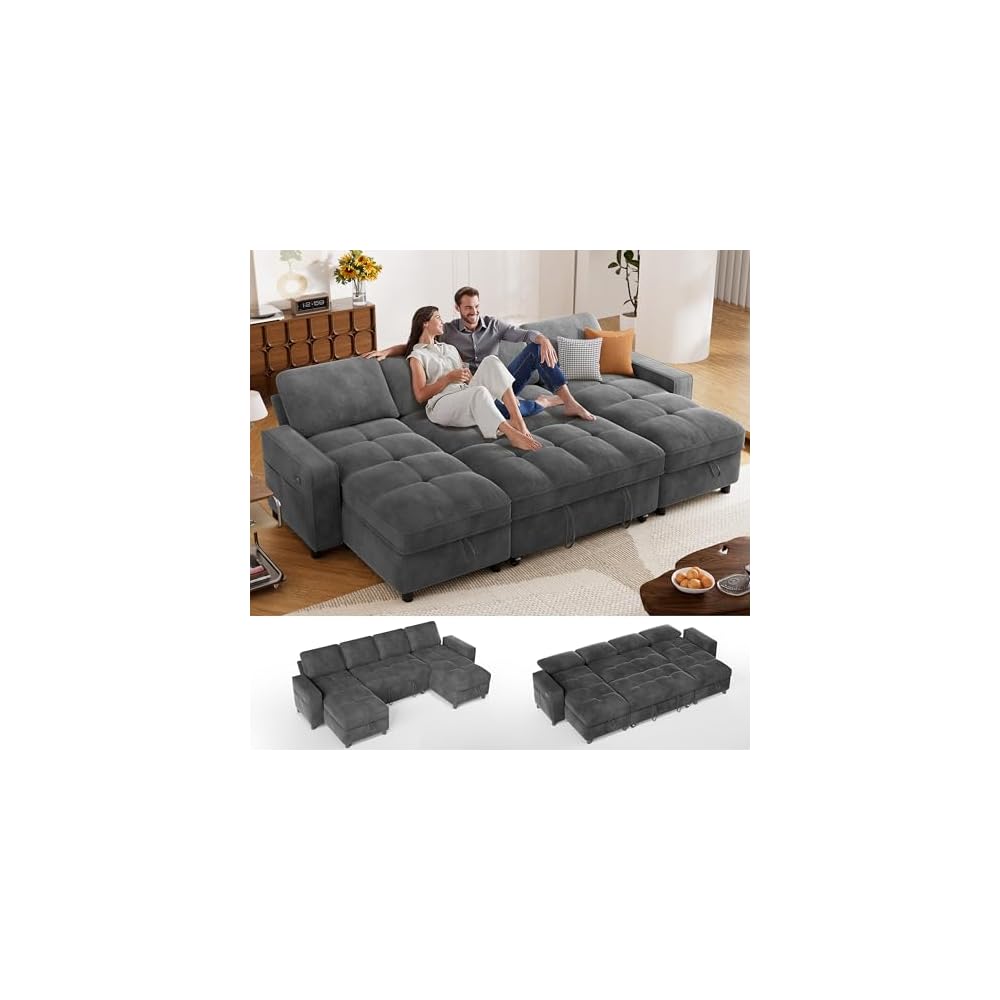 Sunny Heart Sleeper Sofa Bed, 105" U Shaped Couch Sleeper Sofa, Pull Out Couch Bed with Reclining Backrest | Double Storage Chaise | USB Ports | Side Pockets | Tool-Free Assembly | Chenille Dark Grey