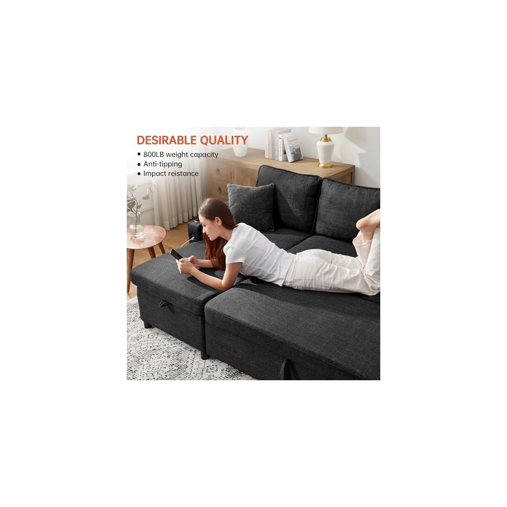 DURASPACE Sofa Bed, Sleeper Sofa Couch with Pullout Bed for Living Room, L Shaped Couch with Storage Chaise, USB, Cup Holder (Dark Gray)