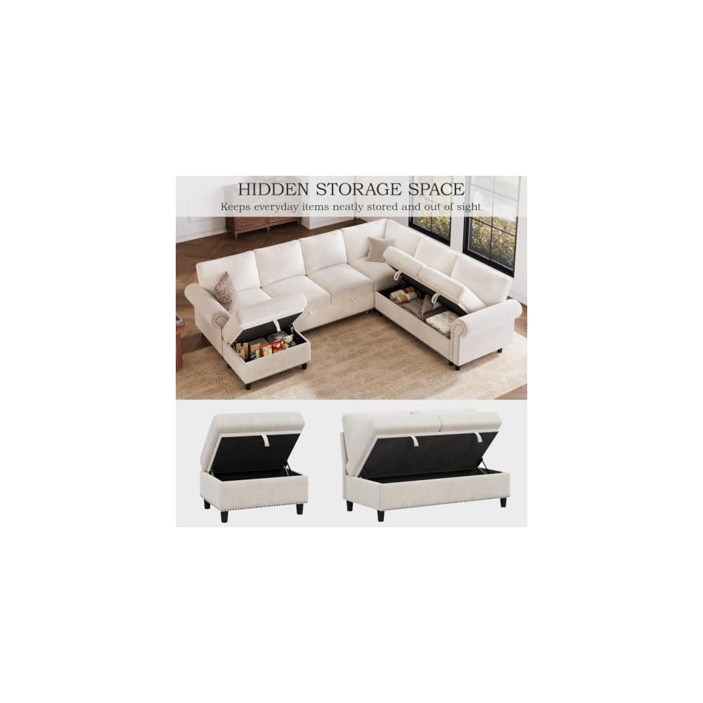 106" Modular Sectional Sleeper Sofa for Living Room with Pull Out Bed, 7 Seat U Shaped Pull Out Couch with Storage, Modular Sectional Sofas, Modern Chenille Couch Bed Sofas, White