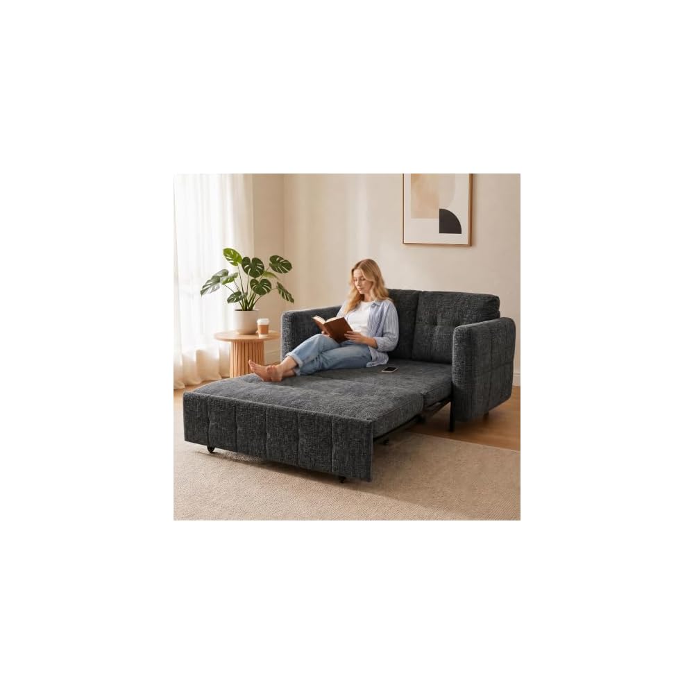 XVD 58” Sleeper Sofa Bed, 3 in 1 Pull Out Couch with Adjustable Backrest, Convertible Loveseat Couch Bed with 4 Pillow, Futon Couches for Living Room, Apartment (Grey)