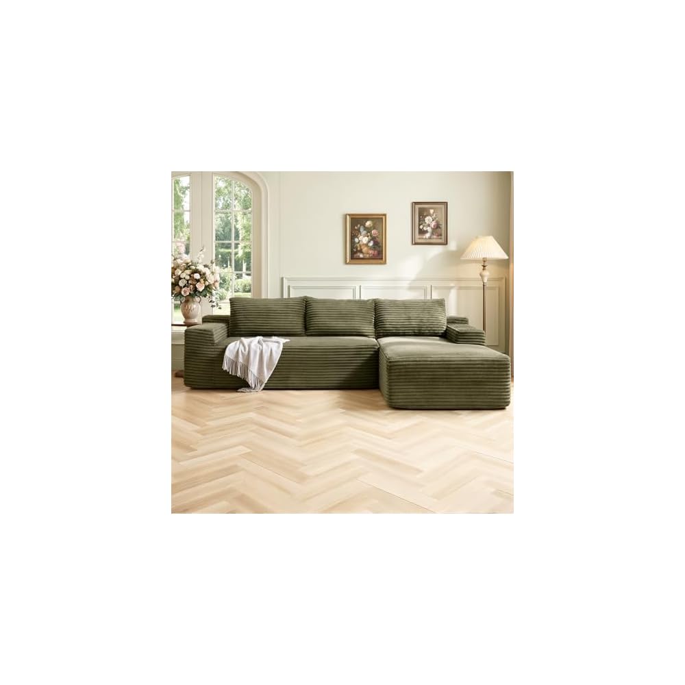 96" Cloud Sectional Couch,Modular Sectional Sofa with Deep Seat,Modern Corduroy Boneless Couches with L-Shape Chaise for Living Room Bedroom,No Assembly Required (Green, Right Facing Chaise)