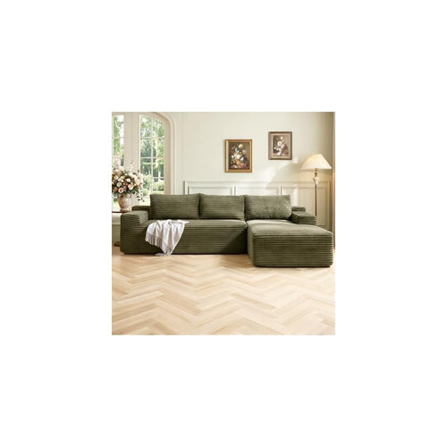 96" Cloud Sectional Couch,Modular Sectional Sofa with Deep Seat,Modern Corduroy Boneless Couches with L-Shape Chaise for Living Room Bedroom,No Assembly Required (Green, Right Facing Chaise)