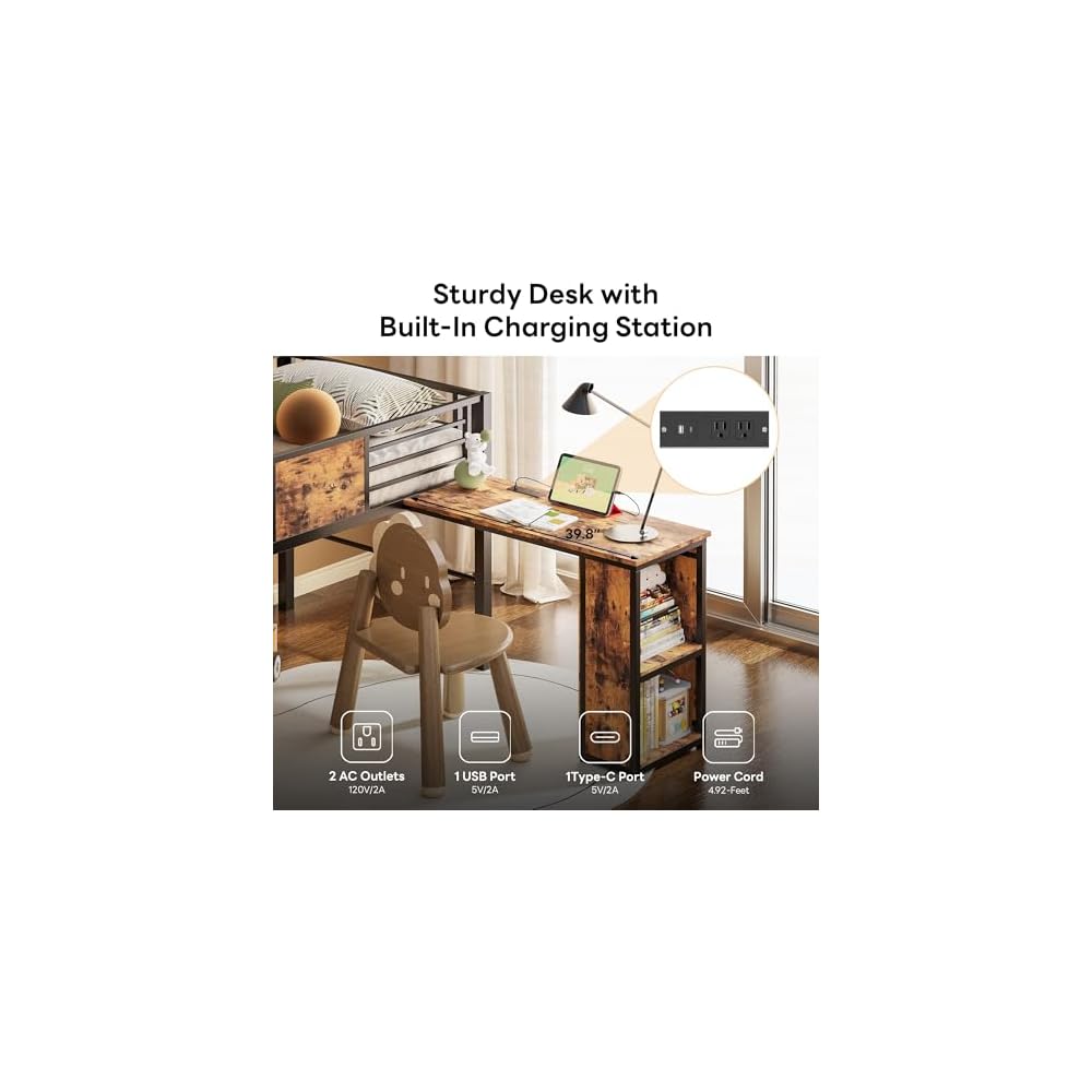 LIKIMIO Low Loft Bed Twin Size with Desk & 25 Heavy-Duty Steel Slats