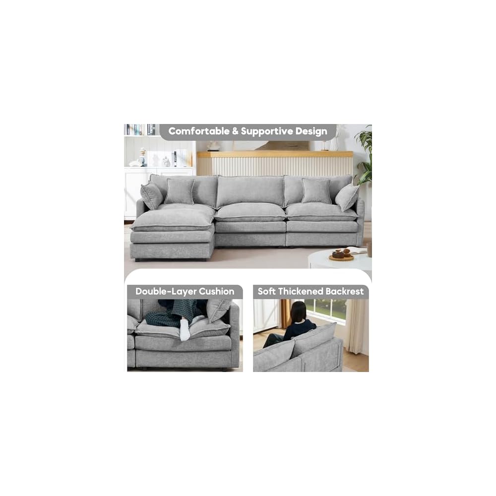102" L Shaped Modular Sectional Sofa, Comfy Upholstery Chenille Cloud Couch with Ottoman, Modern 4-Seat Deep Seat Sofa with Pillow for Living Room, Bedroom, Apartment, Grey