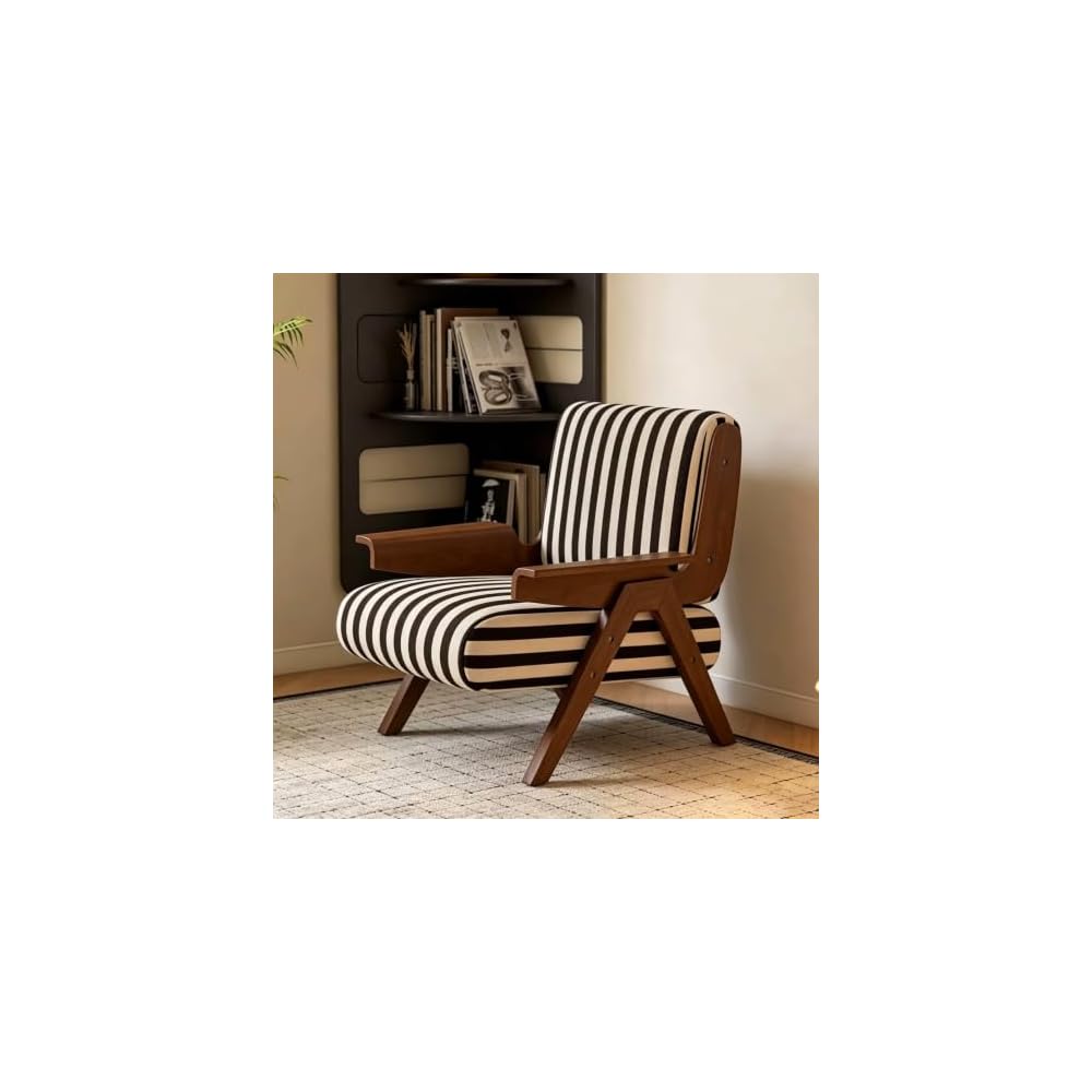 Mid-Century Arm Sofa Chair Striped Accent Chairs Inclined Ergonomic Reading Chair Wood French Wingback Chairs Removable Upholstered Backrestchair for Living Room Bedroom Balcony Study Hotel Cafe