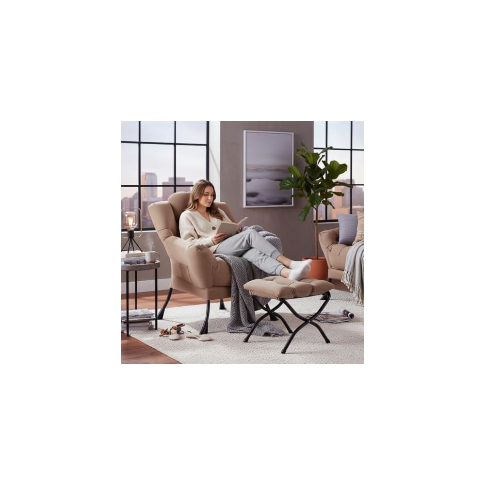 Furlide Lazy Chair with Ottoman, Comfy Reading Chair with Pillow， Khaki