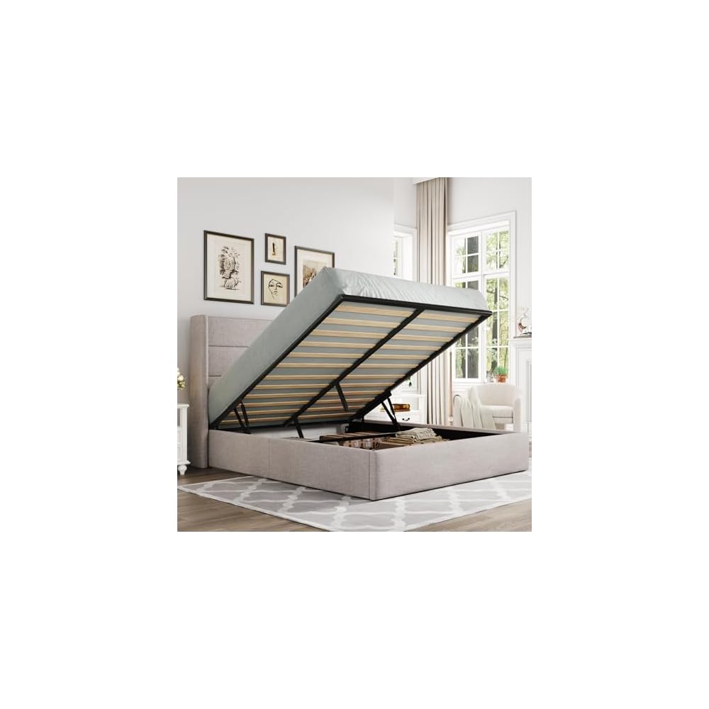Allewie Queen Size Lift Up Hydraulic Storage Bed Frame Light Beige