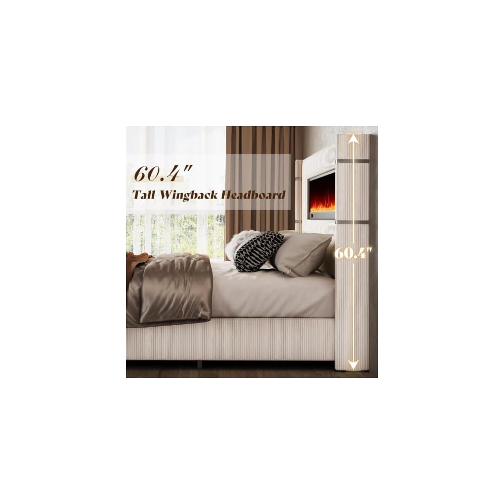 AMERLIFE Cal King Fireplace Bed Frame, Upholstered Headboard, Cream