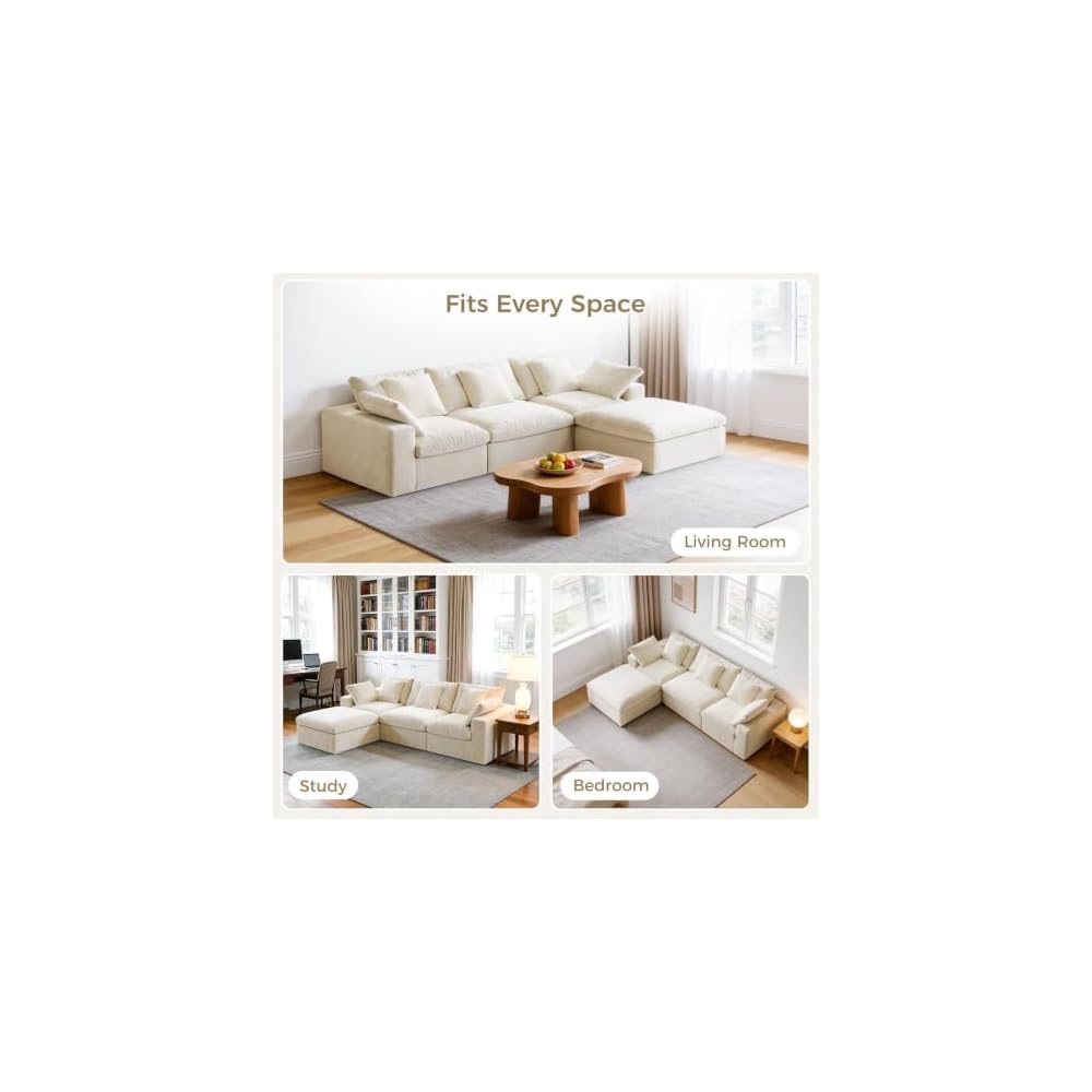 120" Modular Cloud Couch, 3-Seater Boneless Sectional Sofa W/Ottoman