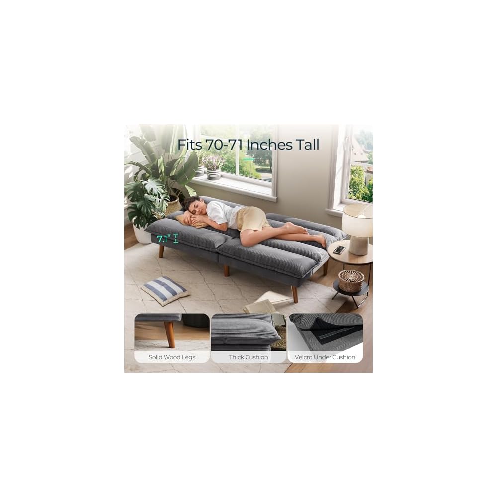 LINSY HOME 66" Futon Sofa Bed, Corduroy Futon Couch with 3-Position Adjustable Backrest, Convertible Sofa Bed Loveseat, Small Couches for Small Spaces, Living Room, Office, Guest Room (Grey)