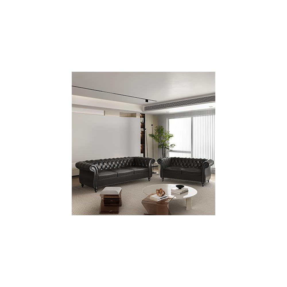 AVZEAR 2-Piece Living Room Sectional Sofa Set, Upholstered Sofa Modern Sofa Couches Set Style Button Tufted, PU Chesterfield Sofa for Living Room Apartment, 2+3 Seat PU Black