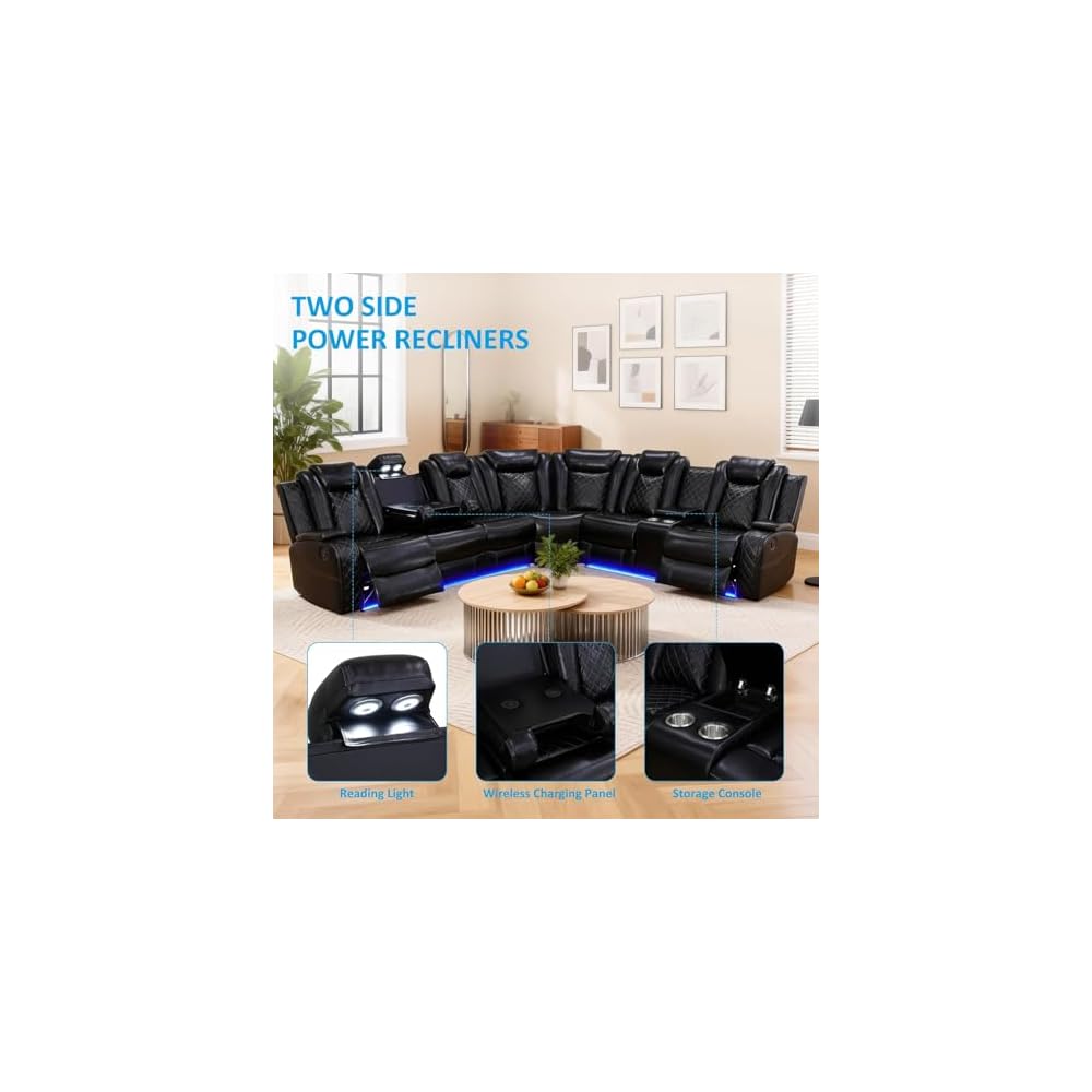 Power Reclining Sectional Sofa for Living Room,Modern L-Shaped Air Leather Sectional Couch Set,Recliner Sofa Set,with LED Lights,Cup Holder,Storage,Charging Ports,Home (Sectional+C)
