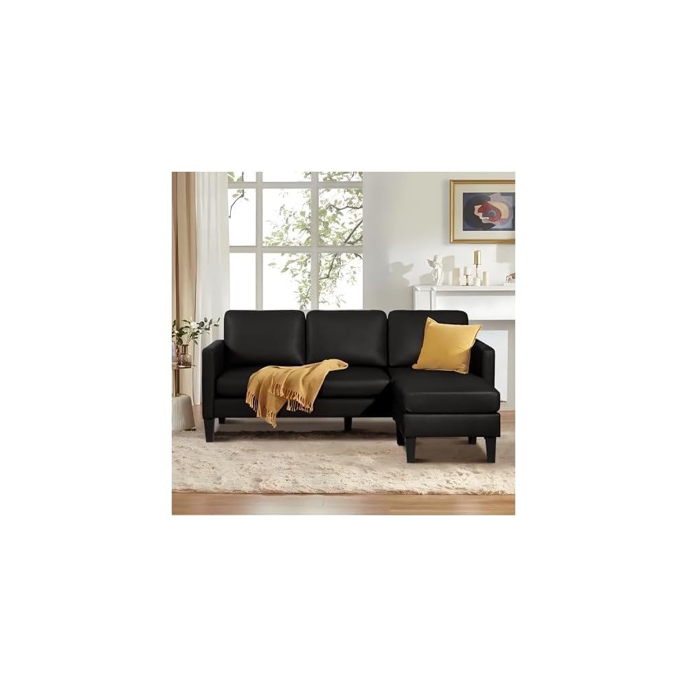 Convertible Sectional Sofa Couch for Living Room, L-Shaped Couch 3 Seats Sofas, Movable Ottoman Small Sofa Mid Century for Small Apartments, Living Room and Office (Faux Leather, Black)