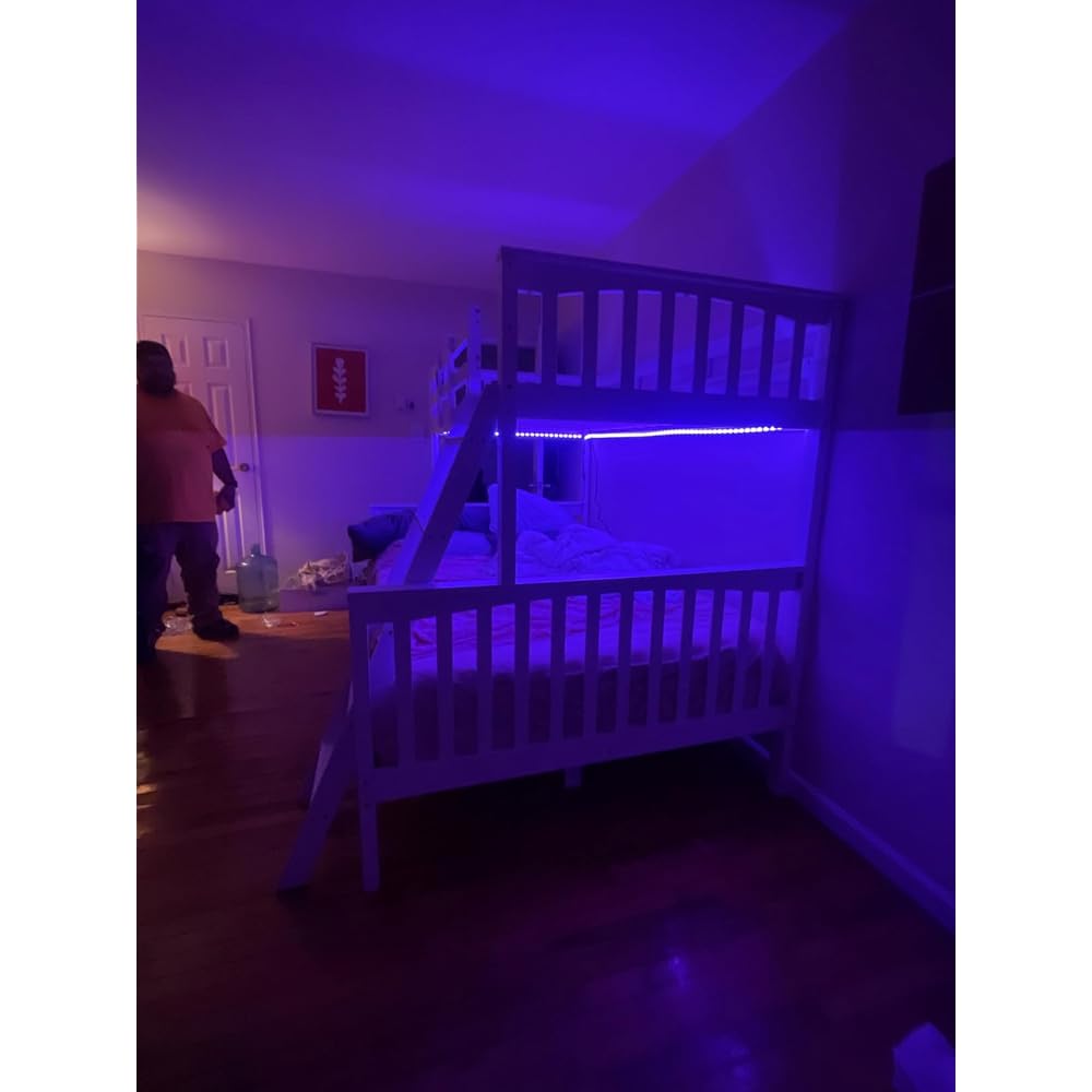 VINGLI Bunk Bed Twin Over Full Size with 15 inches Extra Tall Guardrail/LED Light/Charging Station, Convertible Solid Wood Space-Saving Bed for Small Space, Heavy Duty Wood Slats Support, White