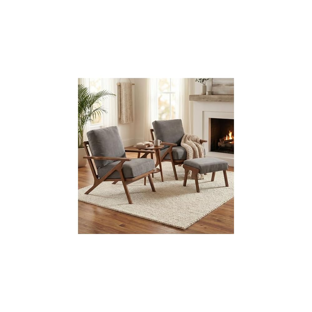 Mid Century Modern Accent Chair with ottoman, Farmhouse Linen Upholstered Living Room Armchair and Ottoman Set, 23" Seat Wide Retro Leisure Lounge Chair with Wood Frame for Home, Bedroom, Office, Grey