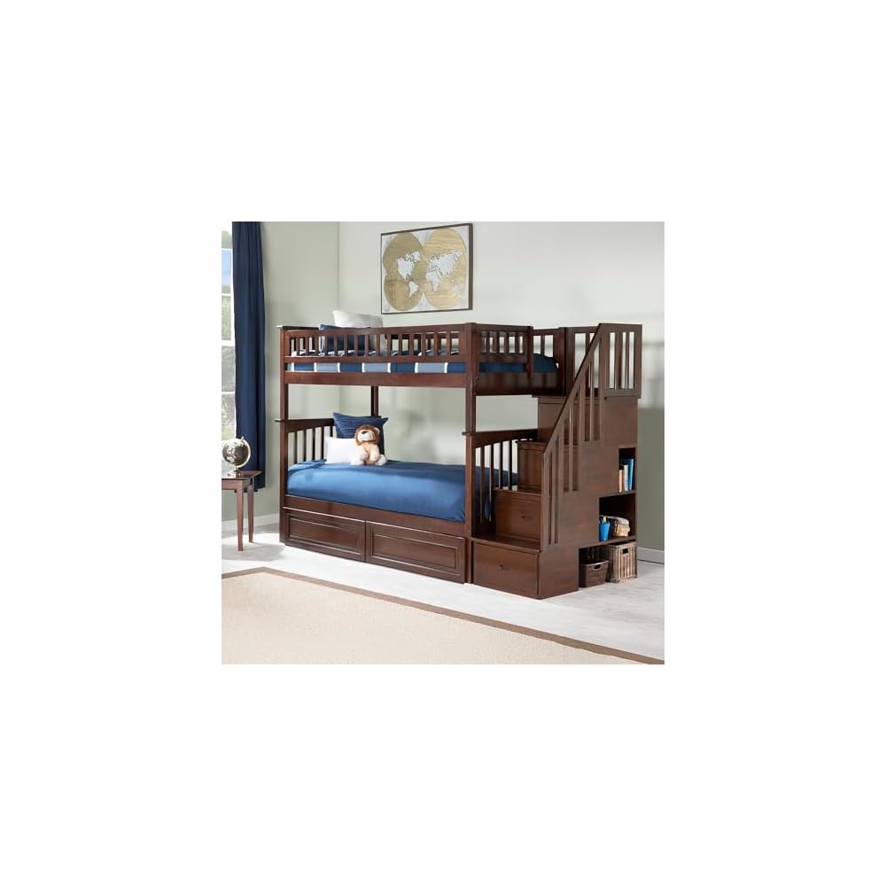 AFI, Columbia Staircase Bunk Bed Twin Over Twin & Raised Panel Bed Drawers, Walnut