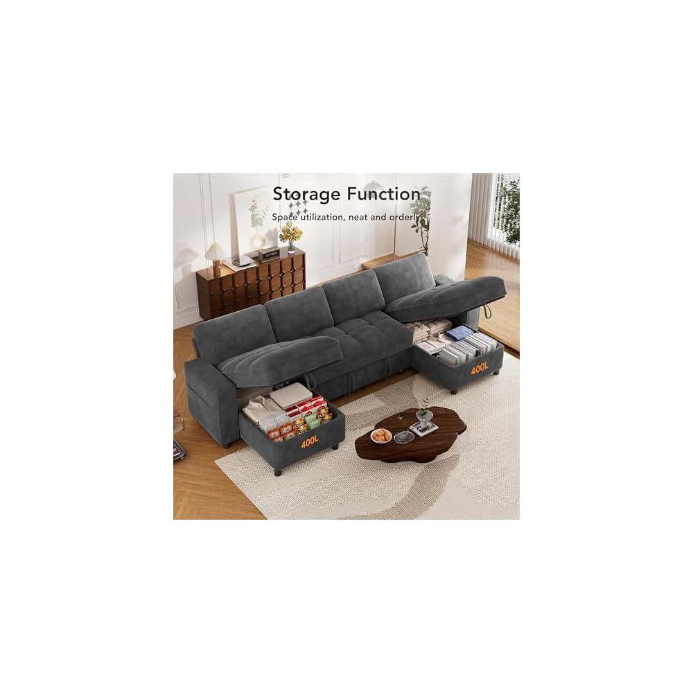 Sunny Heart Sleeper Sofa Bed, 105" U Shaped Couch Sleeper Sofa, Pull Out Couch Bed with Reclining Backrest | Double Storage Chaise | USB Ports | Side Pockets | Tool-Free Assembly | Chenille Dark Grey