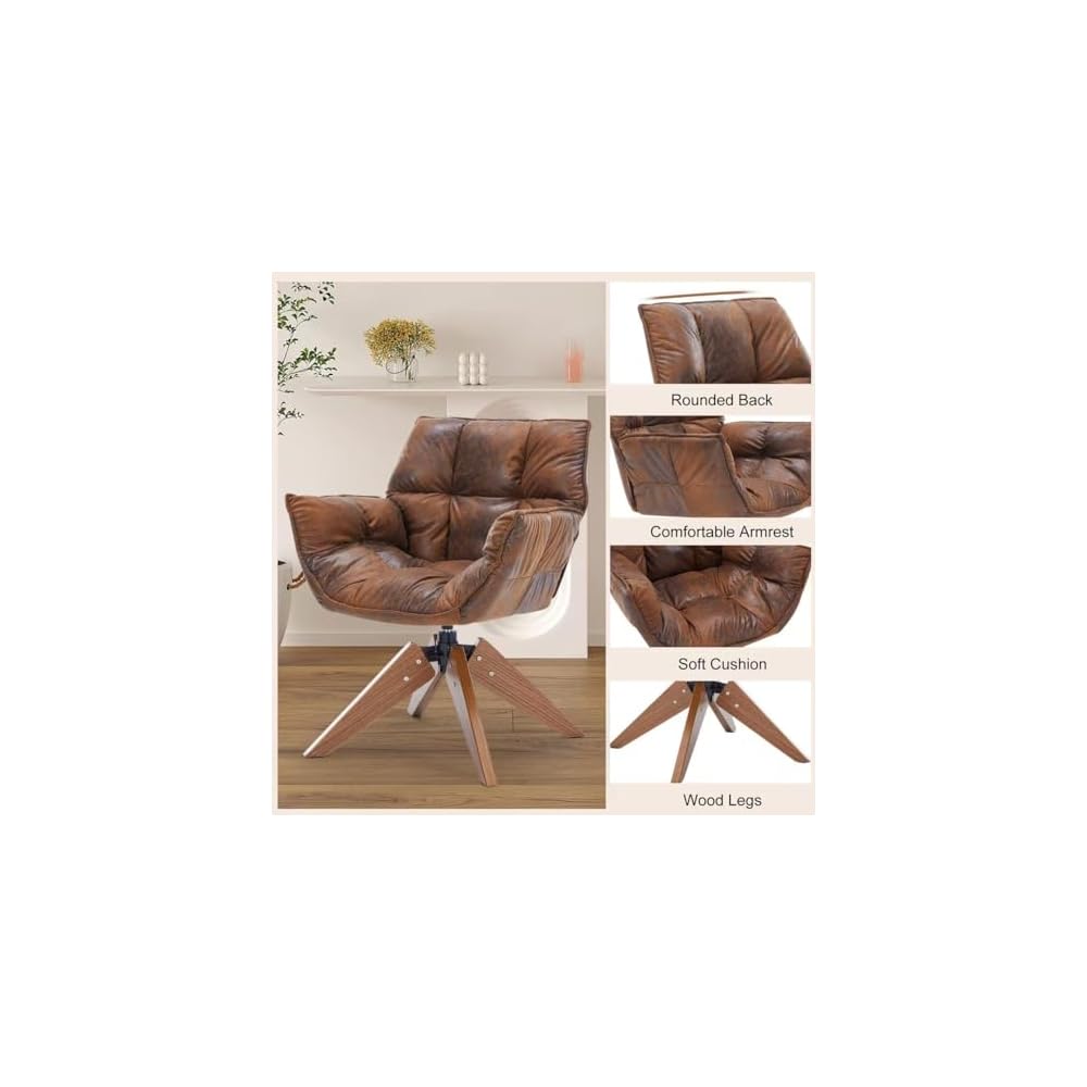 Mid Century Accent Chair No Wheel 360° Swivel PU Cozy Vanity Chair Wood Leg
