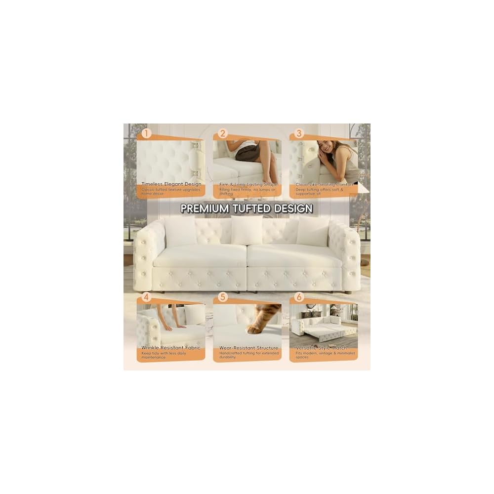 Polibi 89" Extra Large Pull Out Sofa Bed,3-in-1 Multifunctional 4-Seater Sleeper Sofa with 3 Throw Pillows,Classic Velvet Tufted Couch for Living Room & Apartment, Heavy Duty Metal Frame, Beige&White