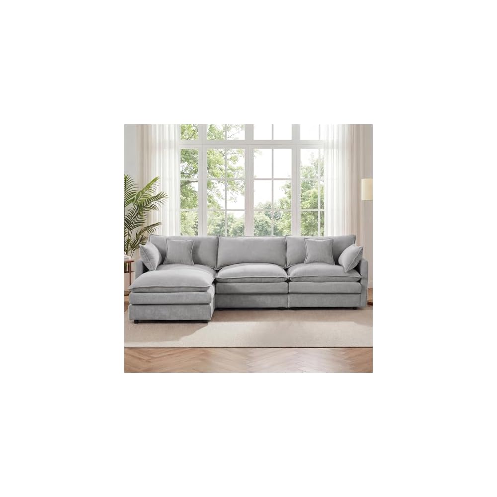 102" L Shaped Modular Sectional Sofa, Comfy Upholstery Chenille Cloud Couch with Ottoman, Modern 4-Seat Deep Seat Sofa with Pillow for Living Room, Bedroom, Apartment, Grey