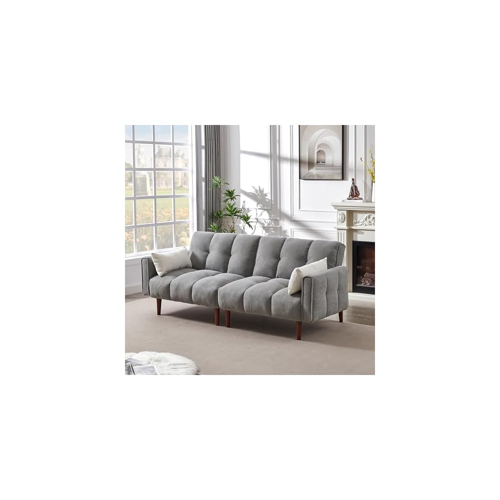 Convertible Futon Sofa Bed, Modern 81'' Adjustable Couch Sleeper, 2 Single Sofa Chairs, Upholstered Loveseat with Wooden Legs and 2 Pillows for Living Room, RV, Reclining Lounge Sofa (Gray)