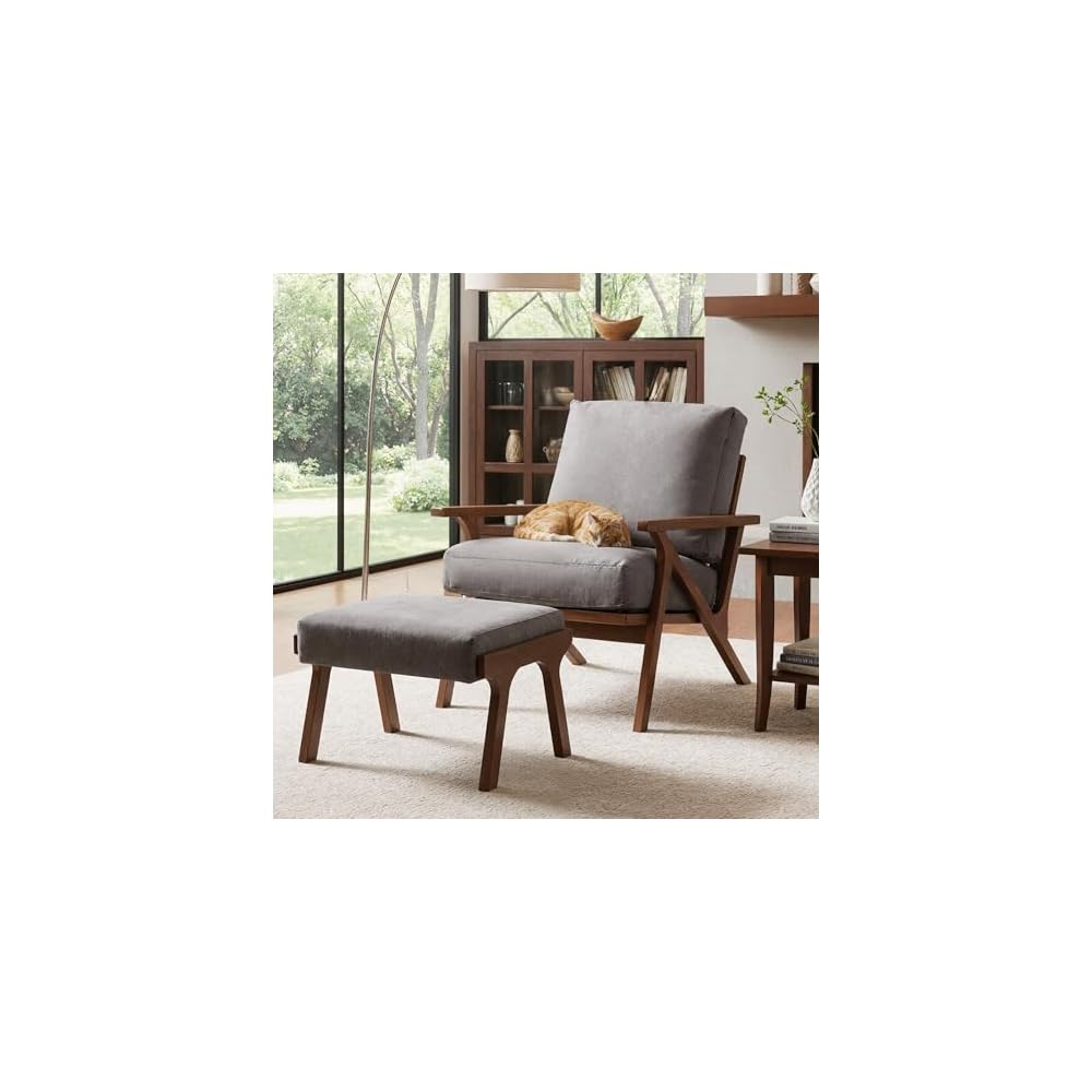 Mid Century Modern Accent Chair with ottoman, Farmhouse Linen Upholstered Living Room Armchair and Ottoman Set, 23" Seat Wide Retro Leisure Lounge Chair with Wood Frame for Home, Bedroom, Office, Grey
