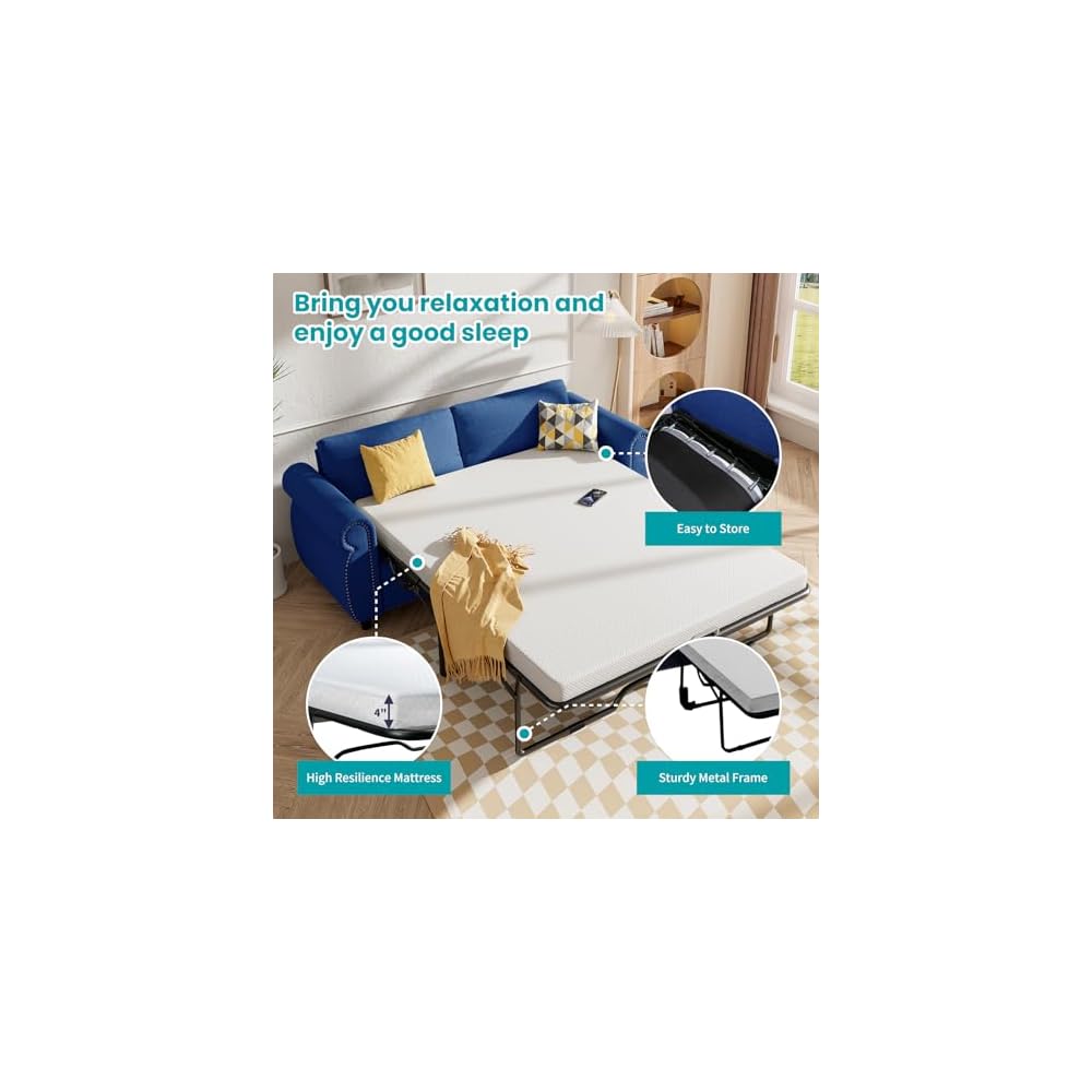 BALUS Pull Out Sofa Bed Queen, 2-in-1 Convertible Sofa Sleeper Bed with Nailhead Armrests, Pull Out Couch with Thickened Cushions and Memory Foam Mattress for Living Room Guest Room, Blue
