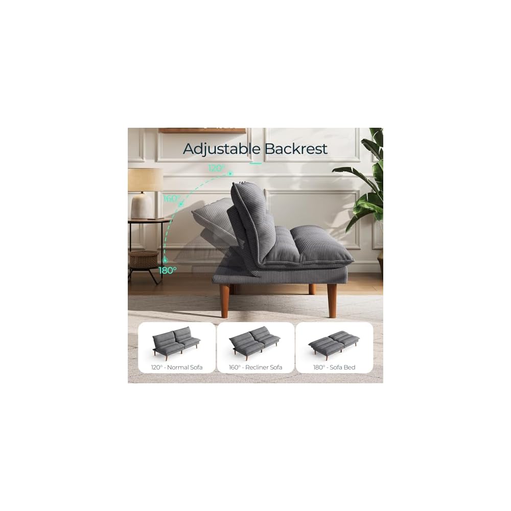 LINSY HOME 66" Futon Sofa Bed, Corduroy Futon Couch with 3-Position Adjustable Backrest, Convertible Sofa Bed Loveseat, Small Couches for Small Spaces, Living Room, Office, Guest Room (Grey)