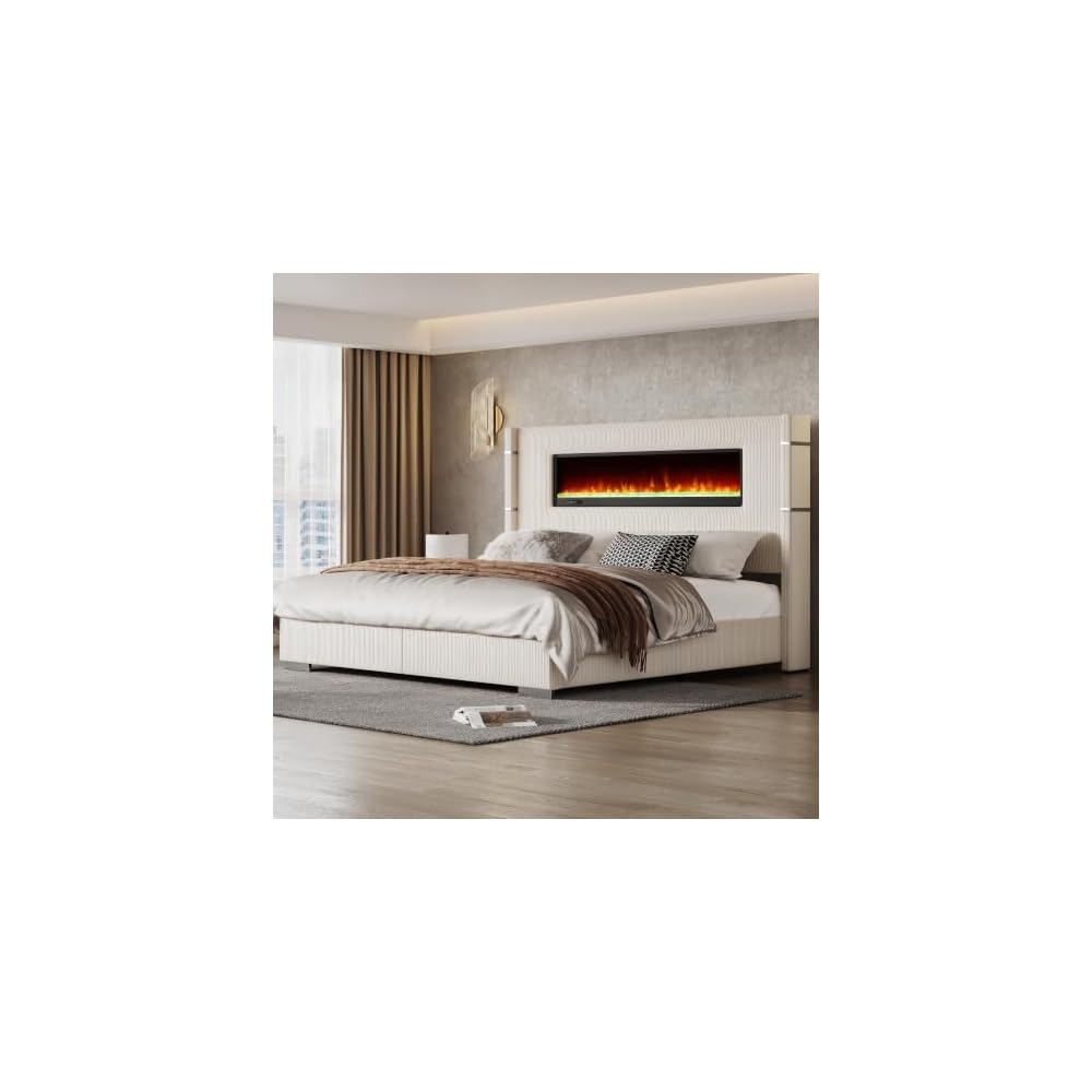 AMERLIFE Cal King Fireplace Bed Frame, Upholstered Headboard, Cream