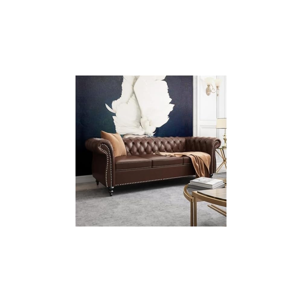 AVZEAR Chesterfield Leather Sofa 3 Seater Couch, Mid-Century Large Sofa Roll Arm Classic Tufted Settee Modern PU Sofa with Channel Tufted Seat Back for Living Room, Office, Apartment, PU Brown
