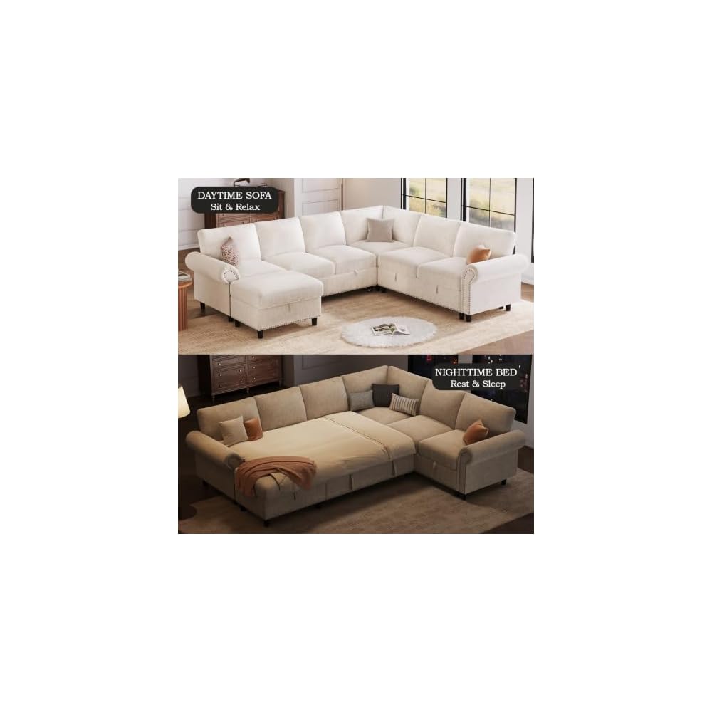 106" Modular Sectional Sleeper Sofa for Living Room with Pull Out Bed, 7 Seat U Shaped Pull Out Couch with Storage, Modular Sectional Sofas, Modern Chenille Couch Bed Sofas, White