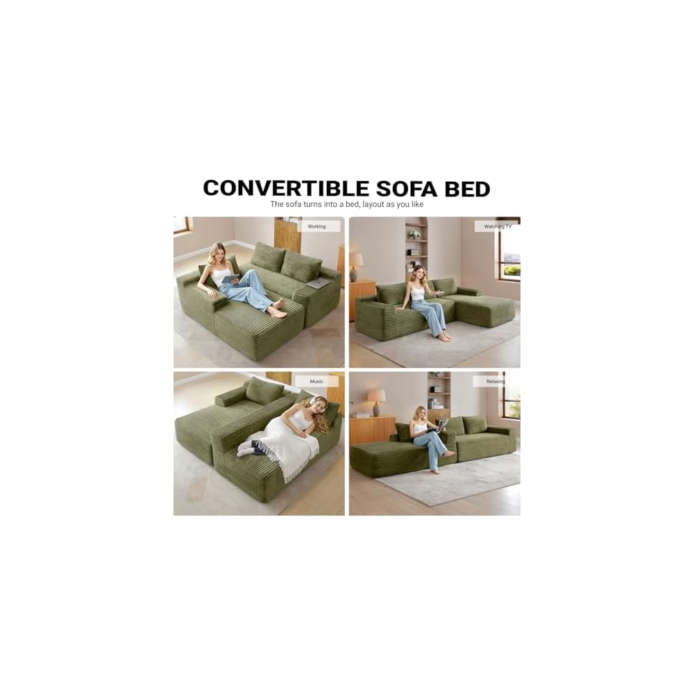 96" Cloud Sectional Couch,Modular Sectional Sofa with Deep Seat,Modern Corduroy Boneless Couches with L-Shape Chaise for Living Room Bedroom,No Assembly Required (Green, Right Facing Chaise)
