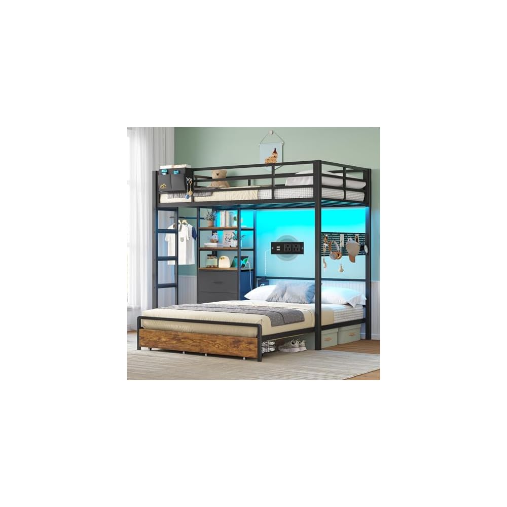 Bunk Bed Twin Over Full with 4 Storage Drawers and 3-Tier Bookshelf, Black