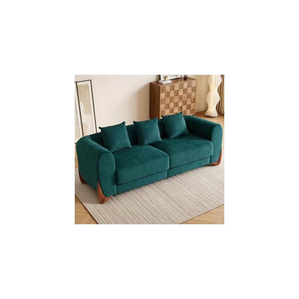 WELAX 85.5" Vintage 3 Seater Cloud Couch, Comfy Deep Seat Upholstered Sofa with Solid Wood Legs, Soft Coral Fleece Couches with 3 Pillows for Living Room, Bedroom, Apartment, Green