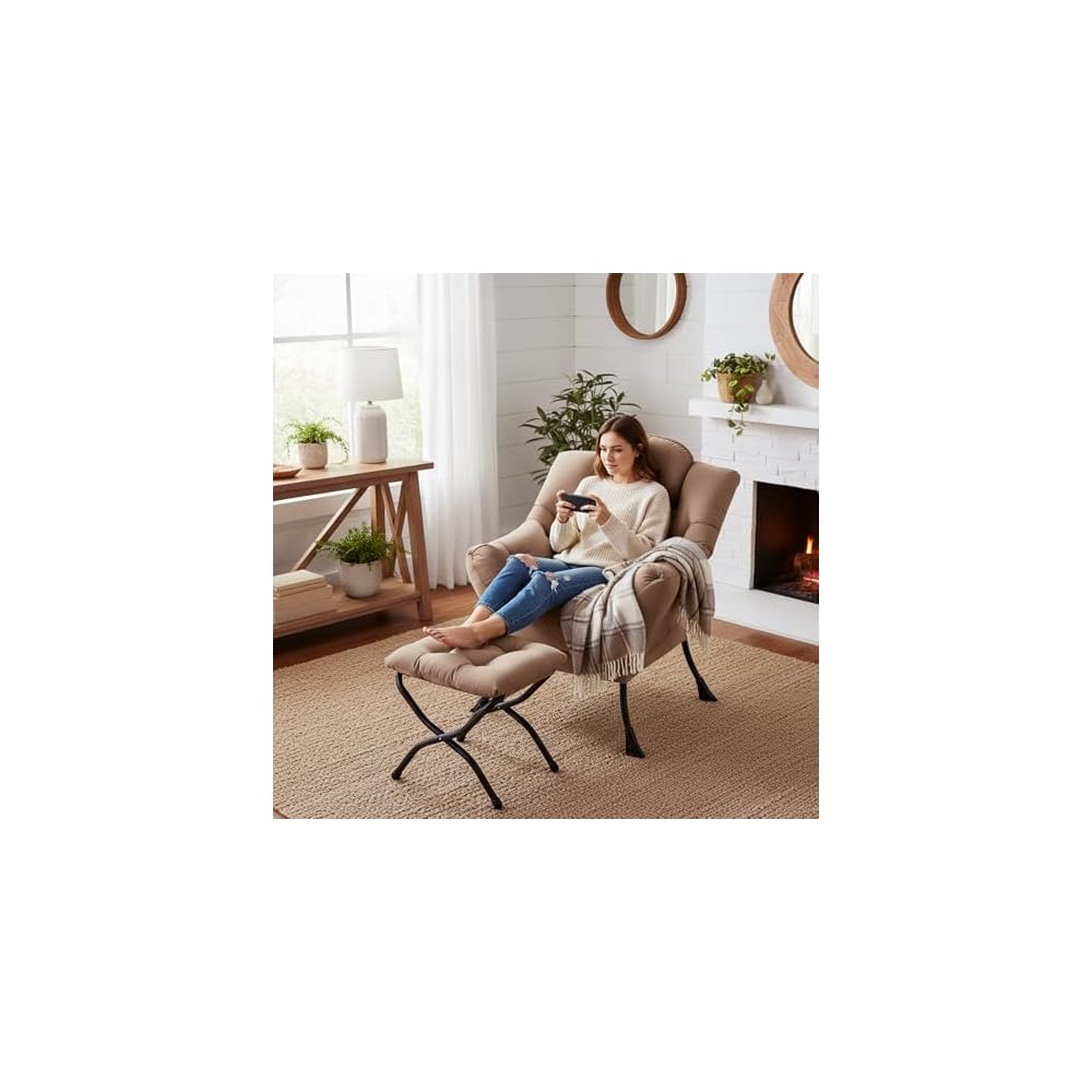 Furlide Lazy Chair with Ottoman, Comfy Reading Chair with Pillow， Khaki