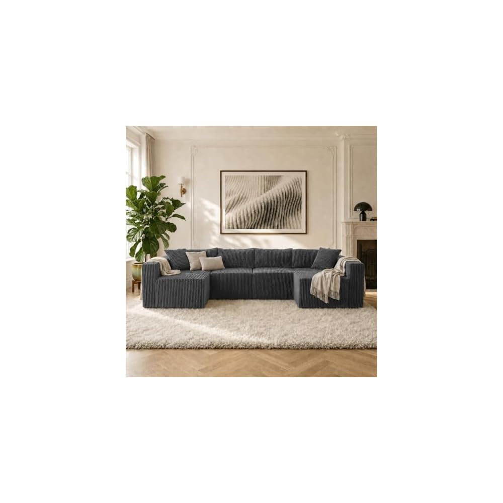 Claiks 128" Modular U Shaped Boneless Couch, Deep Seat Bonless Couches for Living Room, Modern Cloud Sofa with Double Chaise, No Assembly Required, Dark Grey