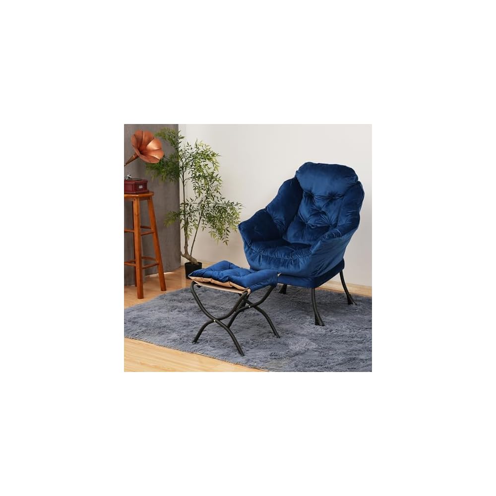 Kokel Lazy Chair with Folding Ottoman,Living Room Chairs, Accent Contemporary Lounge Chair, Single Steel Frame Leisure Sofa Chair with Armrests and A Side Pocket (Blue)