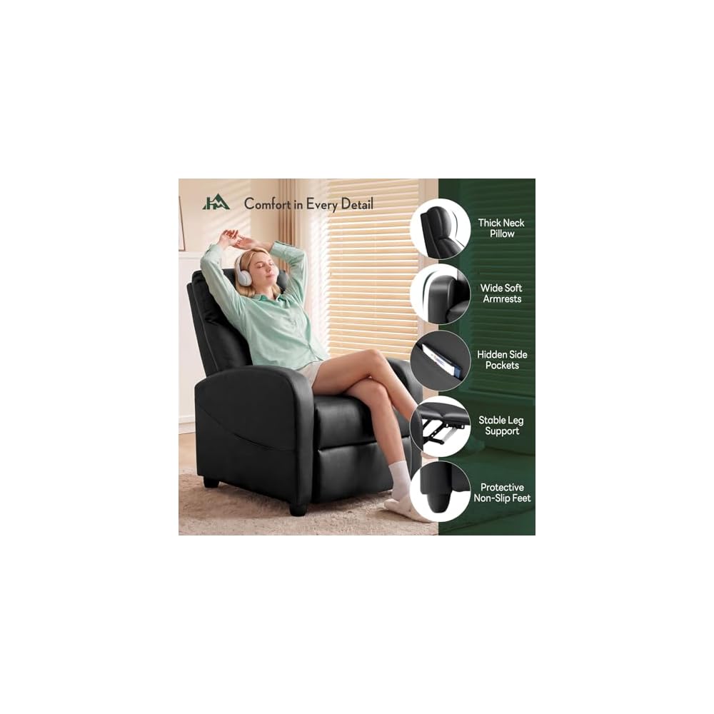 Recliner Chair, Recliner Sofa PU Leather for Adults, Recliners Home Theater Seating with Lumbar Support, Reclining Sofa Chair for Living Room, Black