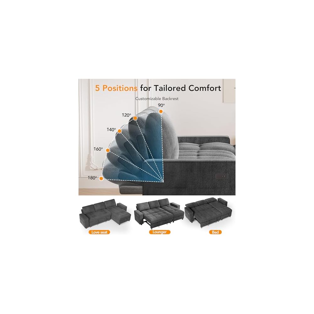 Sunny Heart Sleeper Sofa Bed, 105" U Shaped Couch Sleeper Sofa, Pull Out Couch Bed with Reclining Backrest | Double Storage Chaise | USB Ports | Side Pockets | Tool-Free Assembly | Chenille Dark Grey