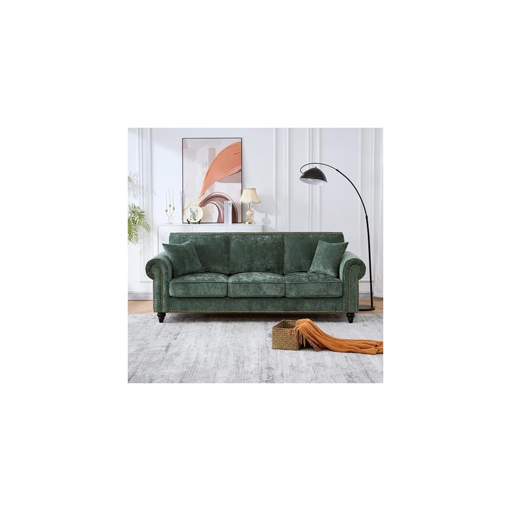 86.5" Classic Chenille Sofa Couch 3-Seater | Chesterfield Style with Traditional Rolled Arms, Nailhead Trim & Solid Wood Frame | Living Room Upholstered Couch | Green