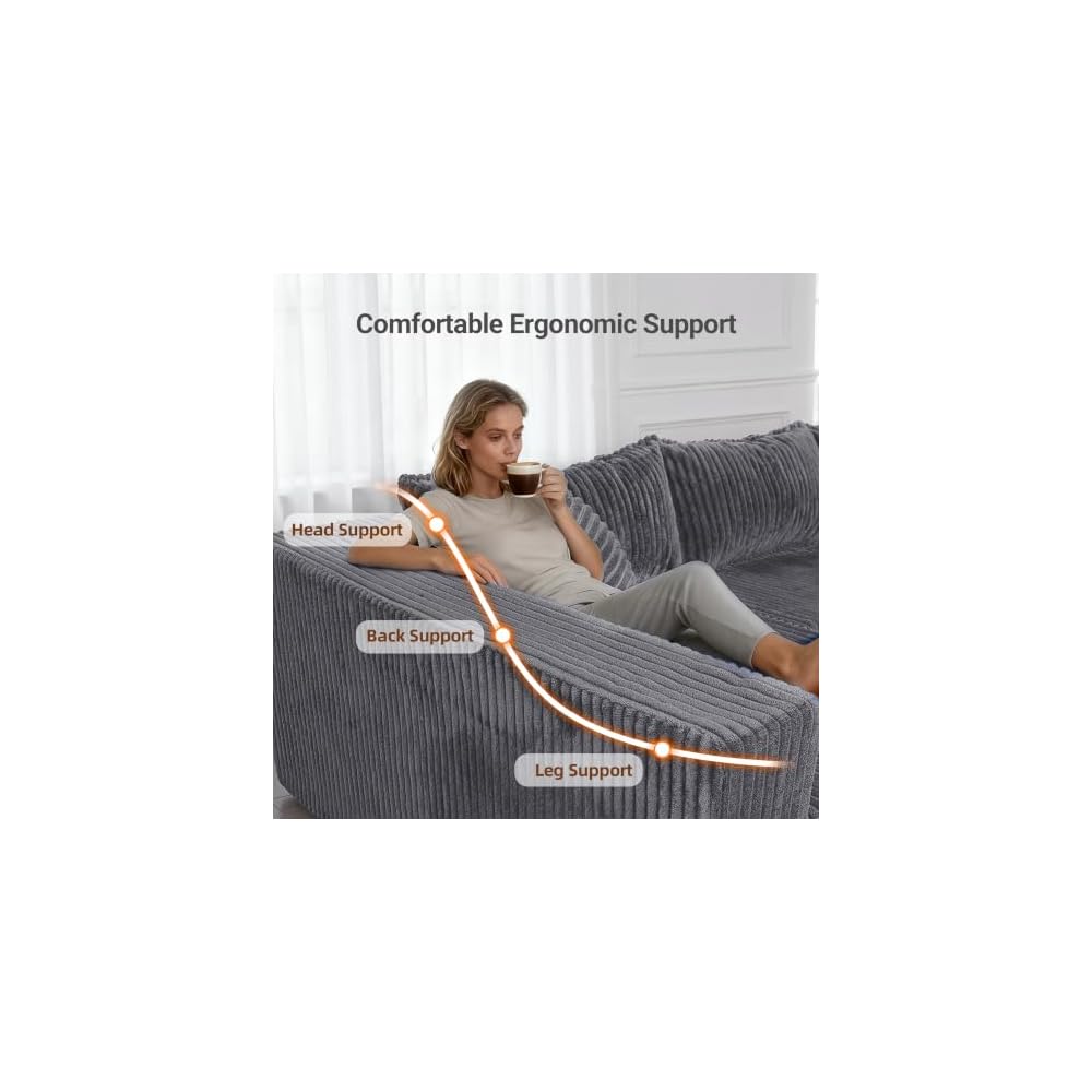 Claiks 128" Modular U Shaped Boneless Couch, Deep Seat Bonless Couches for Living Room, Modern Cloud Sofa with Double Chaise, No Assembly Required, Dark Grey