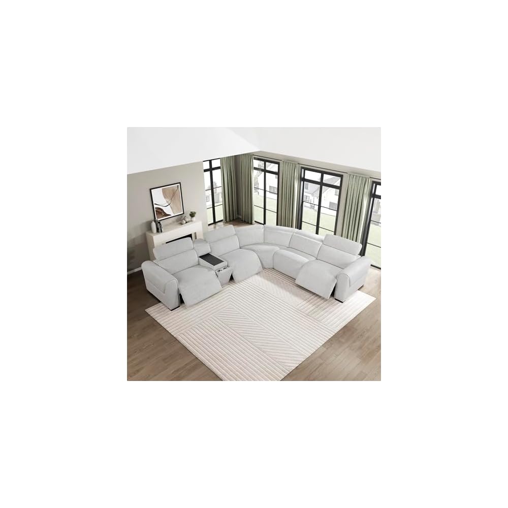 Lexicon Power Reclining Sectional Couches for Living Room-Modular Sectional Sofa, Wall Hugger,3 Recliner Seats, Console Cup Holders, Power Headrests, Charging Ports, 5 Seater Couch, Chenille Cloud