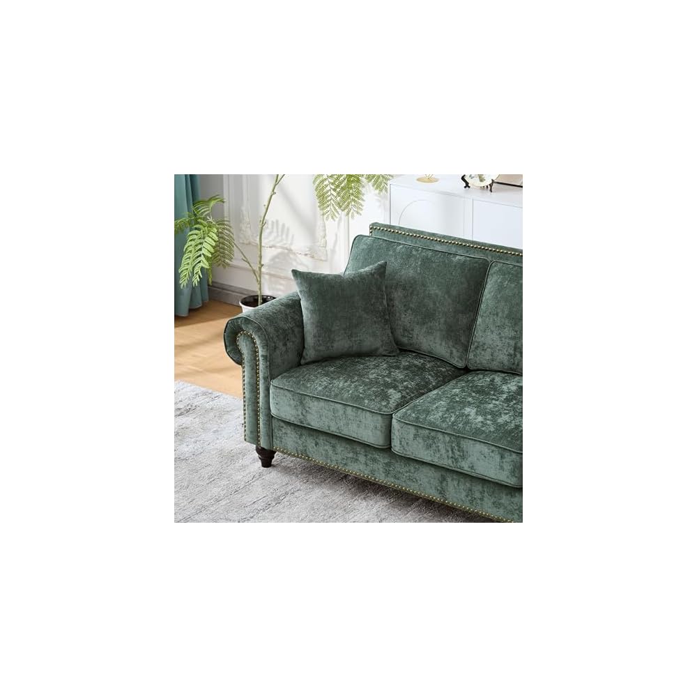 86.5" Classic Chenille Sofa Couch 3-Seater | Chesterfield Style with Traditional Rolled Arms, Nailhead Trim & Solid Wood Frame | Living Room Upholstered Couch | Green