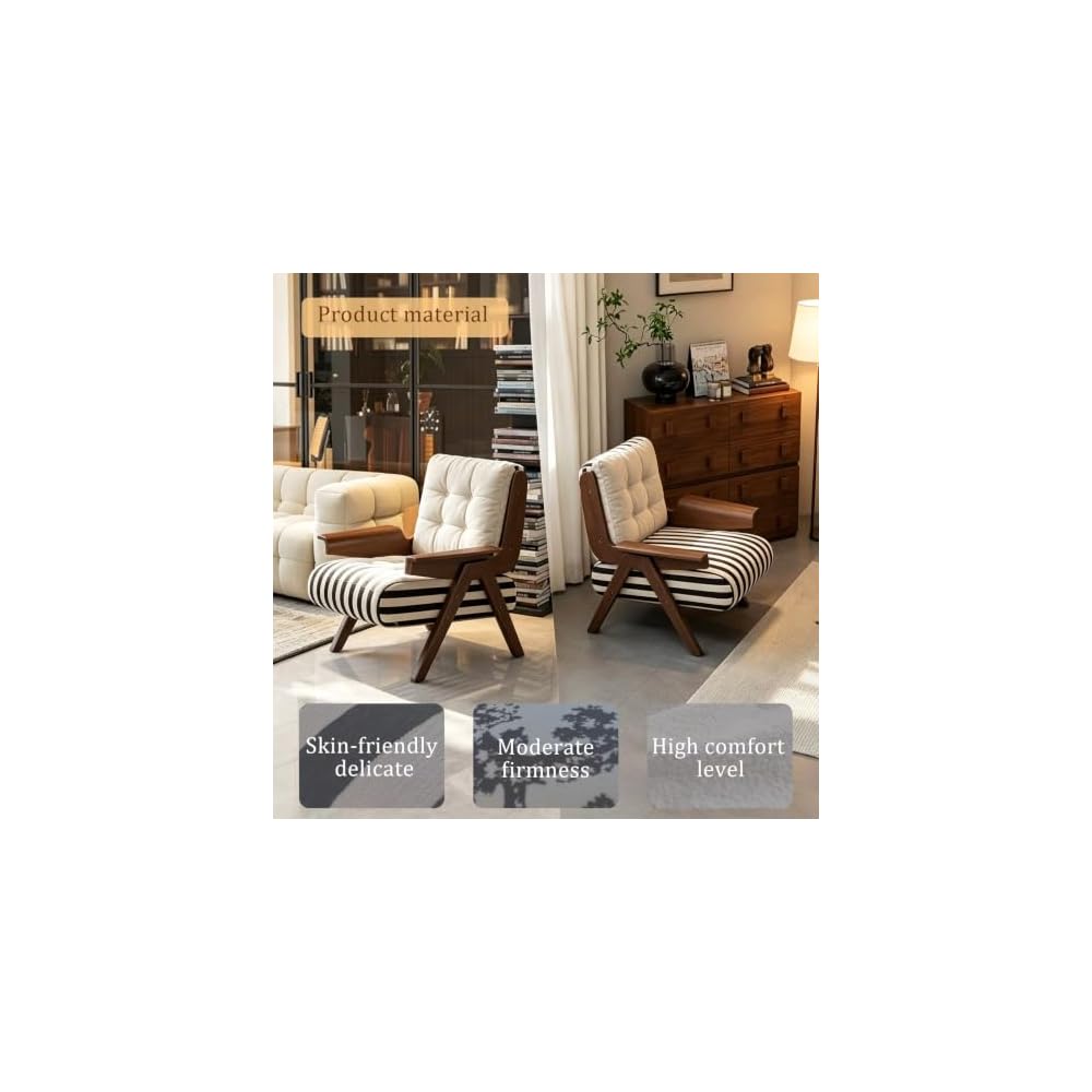 Mid-Century Arm Sofa Chair Striped Accent Chairs Inclined Ergonomic Reading Chair Wood French Wingback Chairs Removable Upholstered Backrestchair for Living Room Bedroom Balcony Study Hotel Cafe