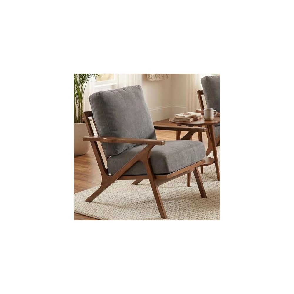 Mid Century Modern Accent Chair with ottoman, Farmhouse Linen Upholstered Living Room Armchair and Ottoman Set, 23" Seat Wide Retro Leisure Lounge Chair with Wood Frame for Home, Bedroom, Office, Grey