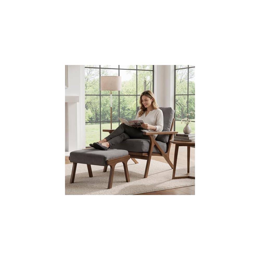 Mid Century Modern Accent Chair with ottoman, Farmhouse Linen Upholstered Living Room Armchair and Ottoman Set, 23" Seat Wide Retro Leisure Lounge Chair with Wood Frame for Home, Bedroom, Office, Grey